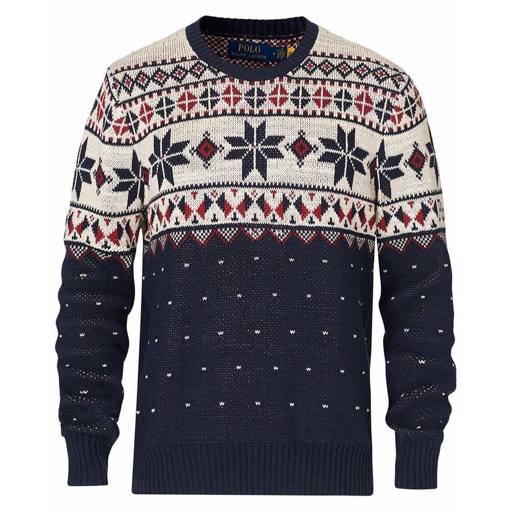 Polo Ralph Lauren Fair Isle Tight-Knit Sweater Navy Cream Red Pullover Men's XL